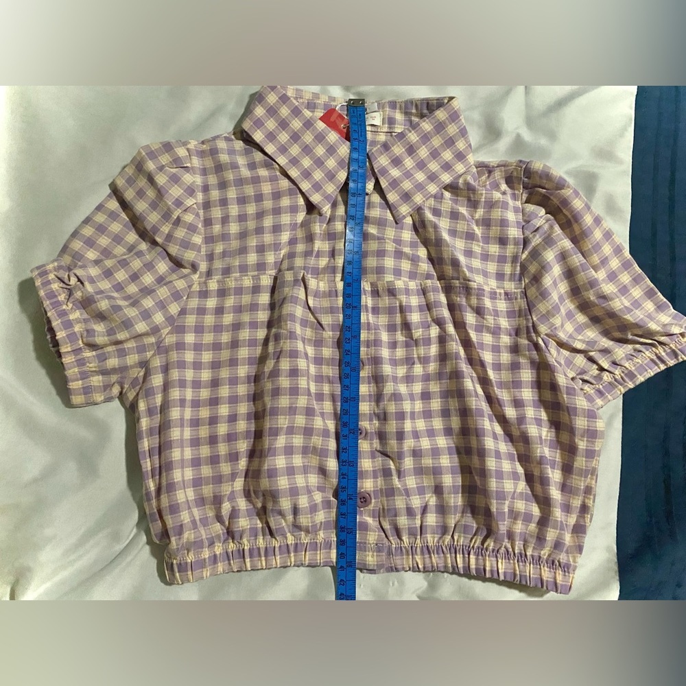 CROP TOP | Plaid Cut Out Button Funnel Spread Collar | Women’s Size 2 - Picture 7 of 11